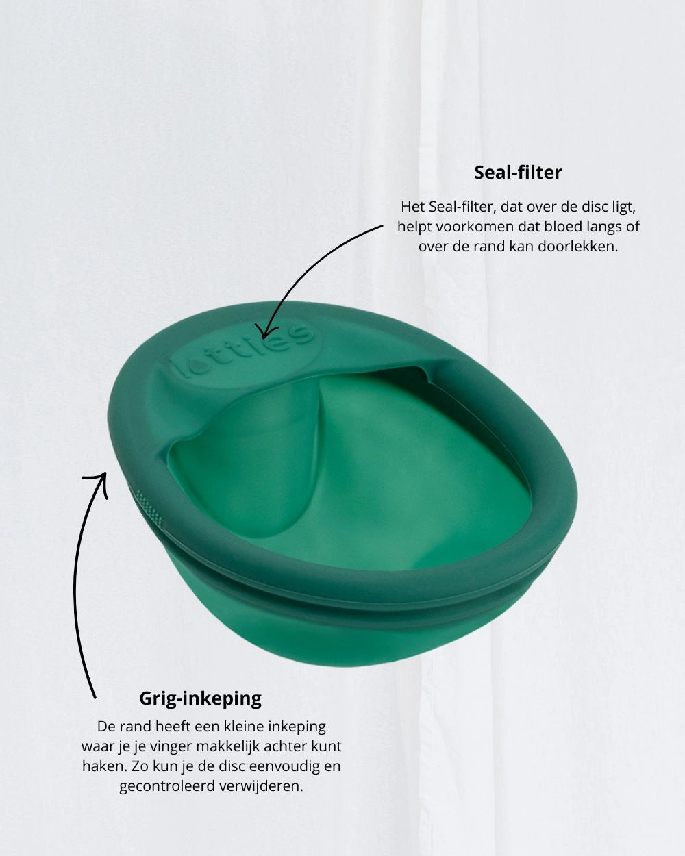 Menstruatiedisc met Seal-filter en grip-inkeping voor gecontroleerd verwijderen